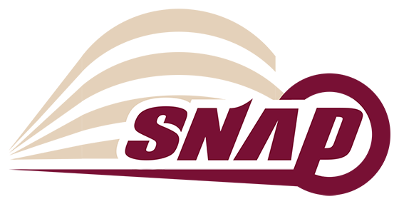 SNAP logo with beige and red colors.