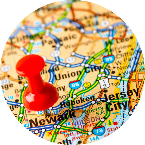 Red pushpin on map of Newark, NJ.