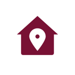 Red house icon with location pin.